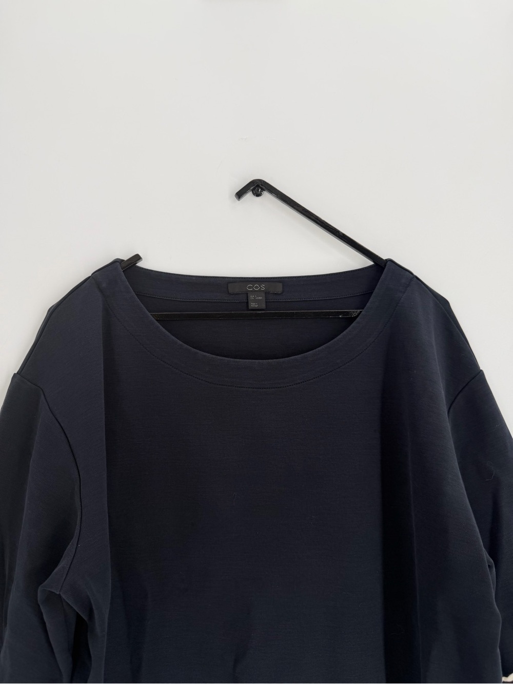 Cos Contrast Stripe Ruffled Hem Trim Boxy Relaxed Fit Short Sleeve Shirt Navy